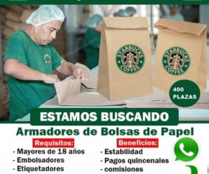 STARBUCKS COFFE NECESITA URGENTE PERSONAL ARMAR BOLSAS DE PAPEL VACANTES LIMITADAS EN TODOS LOS PAISES