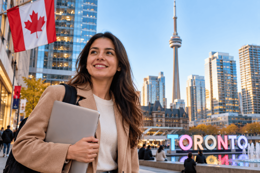 Estudiante sonriente frente a Toronto